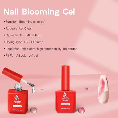 Lavender Violets 15ml Blooming Gel Nail Polish - Clear Blosom Gel Polish Soak Off for Spreading Graffiti Marble Flower Watercolor Floral Print Effects, Magical DIY Manicure A106