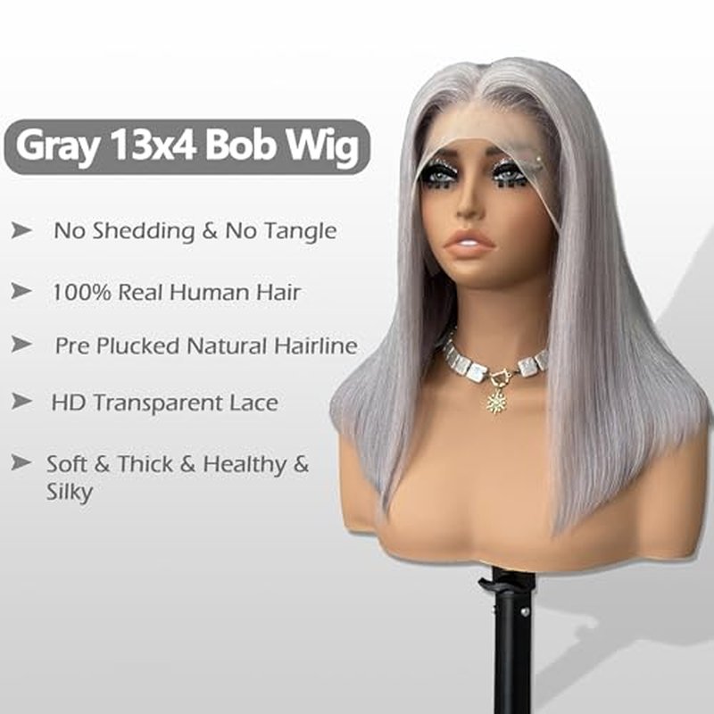 Grey Bob Wigs Human Hair 13x4 Lace Front Wigs Glueless Brazilian Remy Hair Straight for Women 8 Inch Pre Plucked Natural Hairline 180% Density Dark Grey HD Lace Frontal Short Bob Wigs