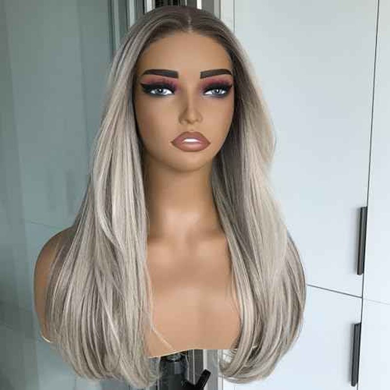 Pre Cut No Glue Lace Wig Ash Blonde Wear and Go Glueless Synthetic Lace Front Wig for Women with Bangs Layered Straight Wigs Pre Plucked Highlight Dirty Blonde Wig 3 Seconds to Wear 20Inch