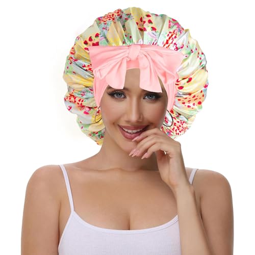 Double Layer Silk Bonnet with Tie Satin Lined Sleep Cap Hair Cover for Women's Curly Natural Hair