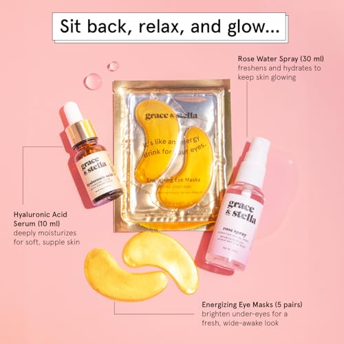 grace & stella Award-Winning Skin Care Set - Stocking Stuffers, Christmas Gifts for Women - Travel Essentials with Gold Eye Masks, Hyaluronic Acid Serum & Rose Spray - Birthday & Bachelorette Favors