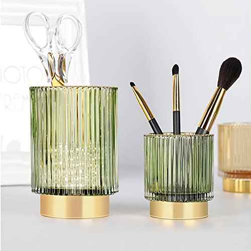DASITON Makeup Brush holder Organizer, Crystal Cosmetic Makeup Brush Glass Brushes Storage Holder, Vintage Make Up Brush Cup Pen Pencil Holder striped vase(Green S+L)