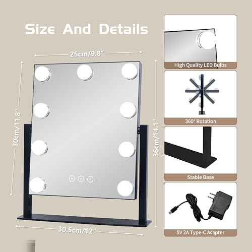 Vanity Mirror with Lights,Makeup Mirror with Lights with 9 Dimmable LED Bulbs, 3 Color Lighting Modes Detachable 10X Magnification Mirror Touch Control,360¡ÆRotation