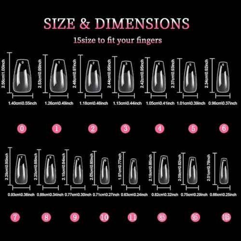 Coffin Gel Fake Nail Tips, 600PCS Medium Clear Coffin, Half Matte Soft Acrylic False Nail Tips for Press On Nails Extension Salon Home DIY Beginner,15 Sizes