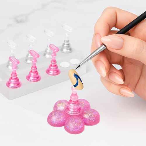 Nail Stand for Press On Nails ? 2 Set Acrylic Nail Holders For Painting Nails, 10 Nail Stand, 60Pcs Adhesive Putty Clay, 1 Flower Shaped Base & Tweezer ? Nail Art Practice Kit for Salon & Home