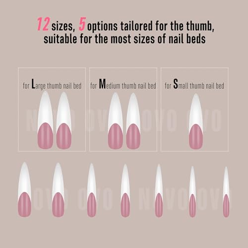 NOVO OVO Halloween XXL Curved Stiletto Almond French Tip Nail Tips Press on, BERRY PINK Full Cover Extra Thick Long XL Acrylic Hawk Curve Fake Extension Kit, Need Builder Gel, for DIY 12 Sizes 144 pcs