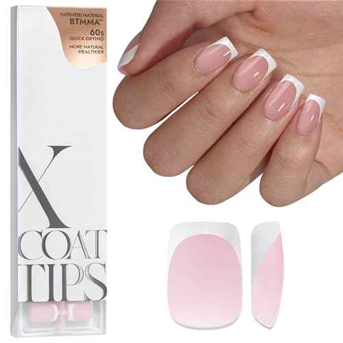 BTArtboxnails XCOATTIPS French Tip Nails - Short Press On Nails, 160 Pcs Pink Square Soft Gel Nail Tips Pre-applied Tip Primer & Base Coat, No Need File False Nails for Gift, 16 Sizes