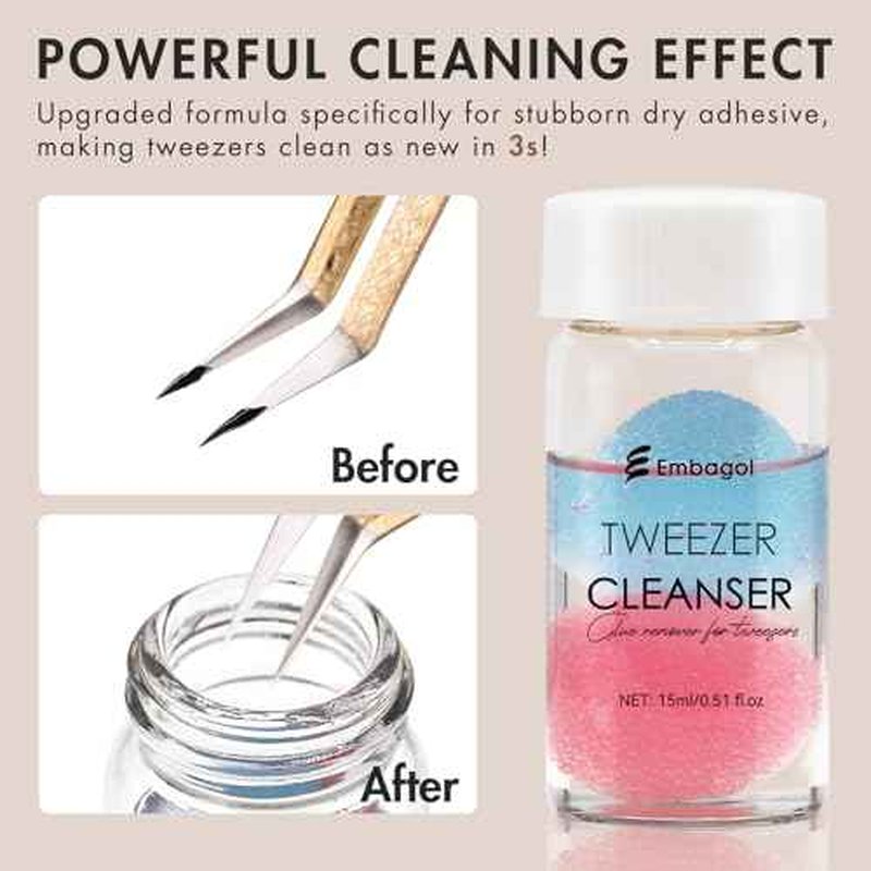 2 Bottles Tweezer Cleanser for Eyelash Extensions Tweezers Glue Remover Liquid for Lash Tools with 2 Spongeballs(2 Bottles Cleanser)