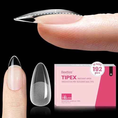Beetles Tipex Instant Apex Nail Tips Almond Medium Acrylic Nail Tips, Pre-Etched Pre-Building Strong Thick Long Lasting,16 Sizes,192 Pieces