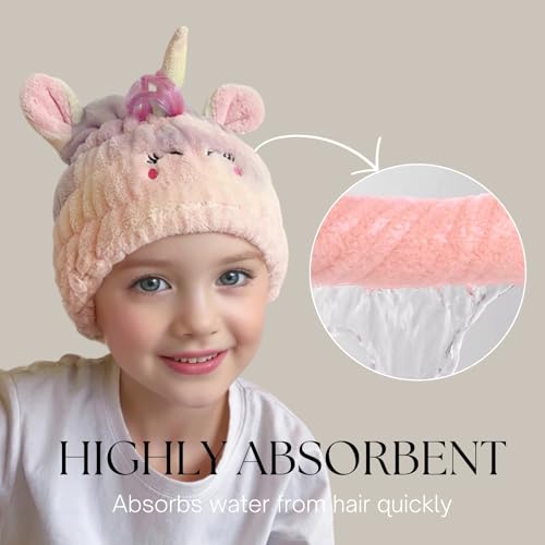 Microfiber Hair Towel Wrap for Kids, Unicorn Dry Hair Cap Suck Water, Absorbent Quick Girls Boys Hair Drying Towel, Lightweight Bouncy Hat Headscarf for Wet Hair