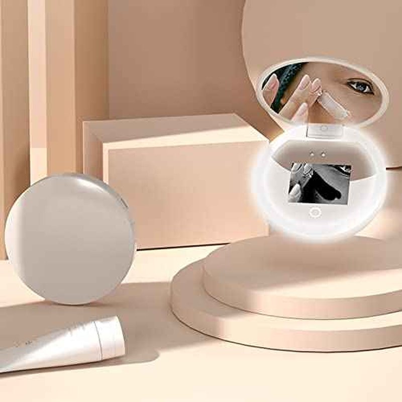 Travel Compact Mirror with Camera, 2X Magnification Portable Mirror with Lights Checking Sunscreen LED Makeup Mirror, 3.5in Folding Travel Mirror