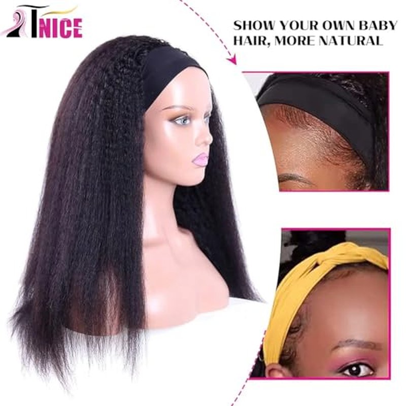 TNICE Kinky Straight Headband Wig Human Hair 18 Inch Headband Wigs for Black Women Glueless None Lace Front Yaki Straight Human Hair Headband Wig Brazilian Virgin Hair Wigs Natural Black 180% Density