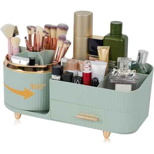 Makeup Organizer Countertop with Drawer 360 Rotating Brush Holder Storage Large Capacity Skincare Cosmetic Display Cases for Vanity Bathroom Desktop, Model 3016 Green