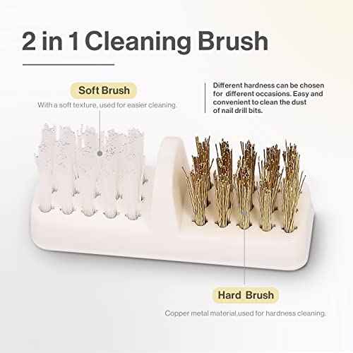 MelodySusie Nail Drill Bits Cleaner Brush Case Accessories with Clear Cover for Cleaning Tungsten Carbide Ceramic Nail Drill Bits Cuticle, Steel Wire & Nylon Double Brush - White