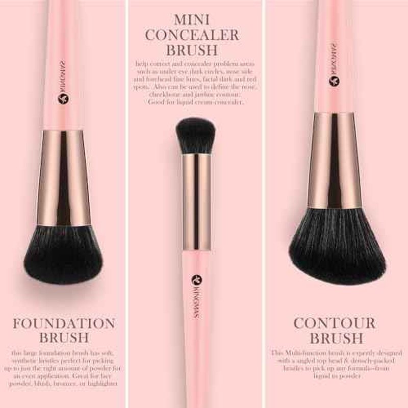 KINGMAS Foundation Makeup Brushes, 3Pcs Kabuki Contour Concealer Makeup Brush Set, Vegan & Cruelty-Free, Synthetic Cosmetic Under Eye & Blusher Face Brush (Pink)