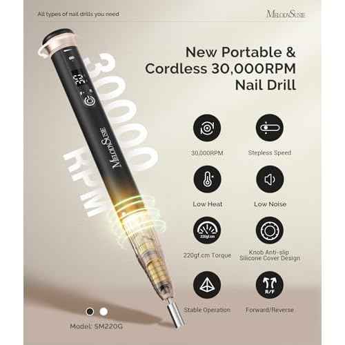 MelodySusie Pen-Shaped One-Hand Stepless Speed Adjustment Cordless Nail Drill, SM220G 30000RPM Portable Rechargeable Electric File for All Manicure Shaping & Acrylic Gel Removal for Pros at Home
