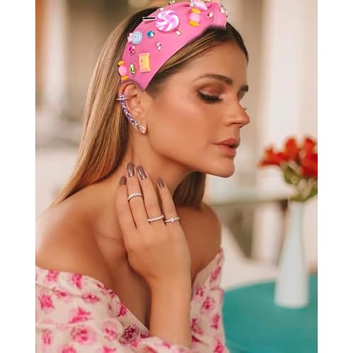 Knotted Headband for Women Lollipop Candy Charms Crystal Jeweled Embellished Top Knot Hairband Statement Wide Turban Hair Hoop Funny Gifts for Girls Sister Birthday Xmas Holiday Party