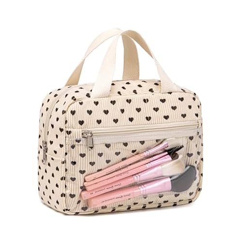 CAMTOP Makeup Bag Women Girls Corduroy Cosmetic Bags Travel Toiletry Purse Zipper Pouch (Black Heart)