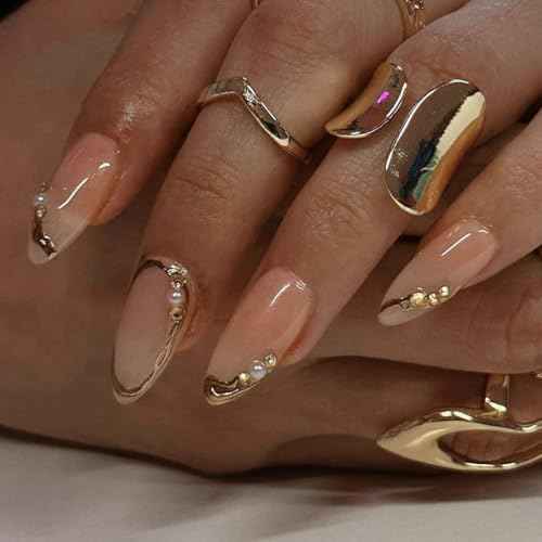 Press on Nails Almond Fake Nails French Tip False Nails with Gold Line Design Glue on Nails Press ons Medium Acrylic Nails Glossy Full Cover Stick on Nails for Women Manicure 24Pcs