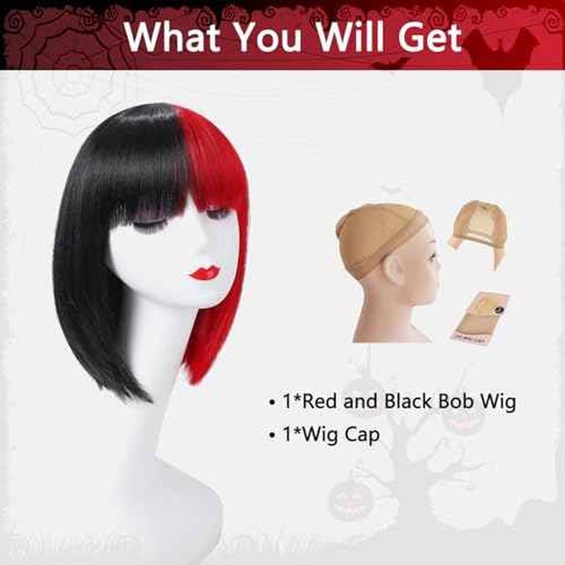 Half Red Half Black Wig with Bangs for Women 12 Inch Stright Color Bob Wigs Heat Resistant Synthetic Wig for Halloween Party Cosplay Wigs
