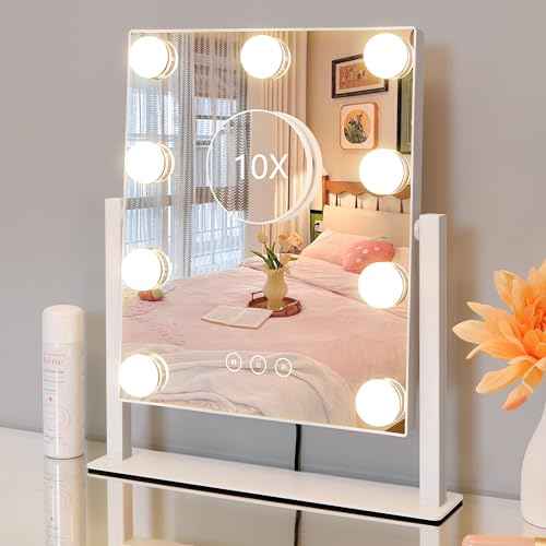 Vanity Mirror with Lights,Lighted Vanity Mirror with 9 Dimmable Bulbs for Dressing Room & Bedroom,3 Color Lighting,Modes Detachable 10x Magnification 360¡ÆRatation(White)