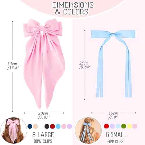 14 Pcs Hair Bows for Women, Bow Hair Clips with Long Tail, Coquette Bows Hair Ribbons, Big Hair Bow Hair Accessories for Women (Vibrant)