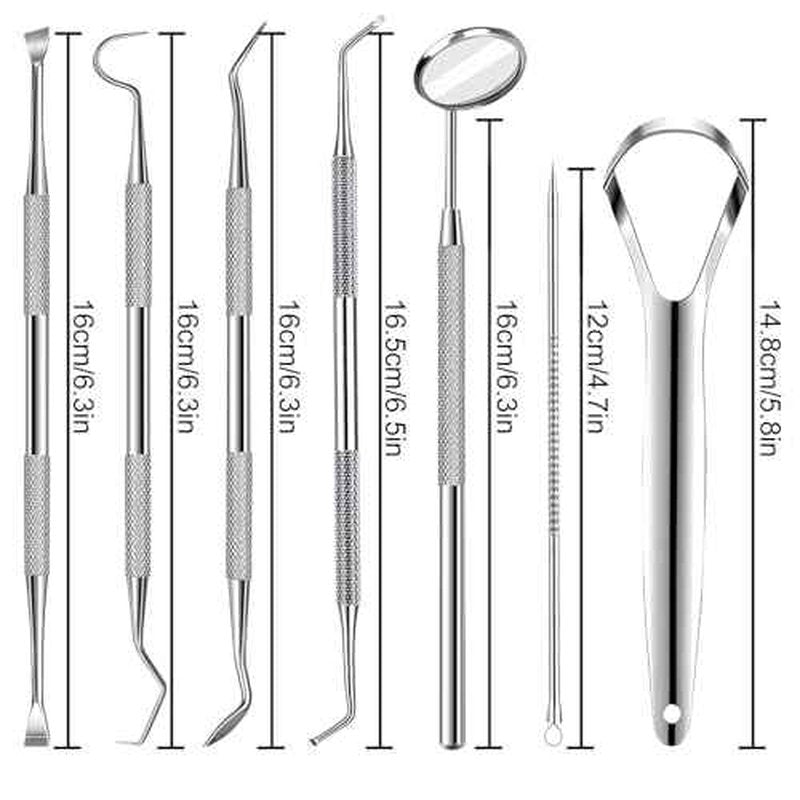 7pcs Dental Tools, Dental Pick Teeth Cleaning Tools Hygiene Kit, Professional Stainless Steel Tooth Scraper Plaque Tartar Cleaner - with Case, Personal Using, Pets - Teeth Cleaning Kit