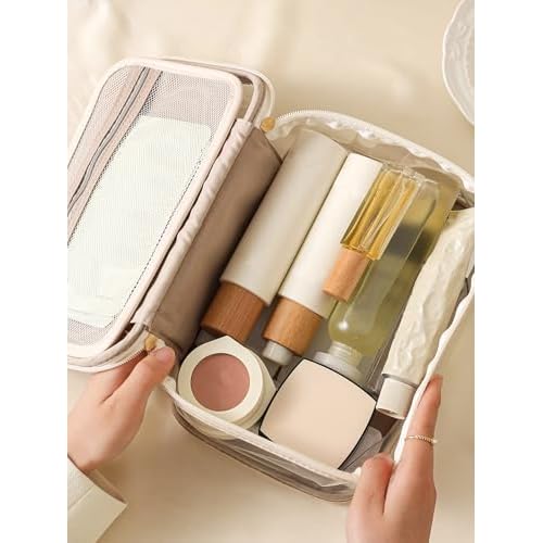 Large Clear Makeup Bag Big Cosmetic Bags Waterproof Toiletry Orangizer with Handle Transparent Toiletries Case Travel Pouch for Women Girls Daily Beauty Purse Essentials Skincare Bag Off White