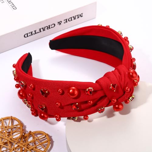 Valentines Day Headband for Women Red Heart Knotted Pearl Rhinestone Jeweled Hairband Fashion Valentine Holiday Wide Head Band Hair Accessories Gifts (red knot hairband)
