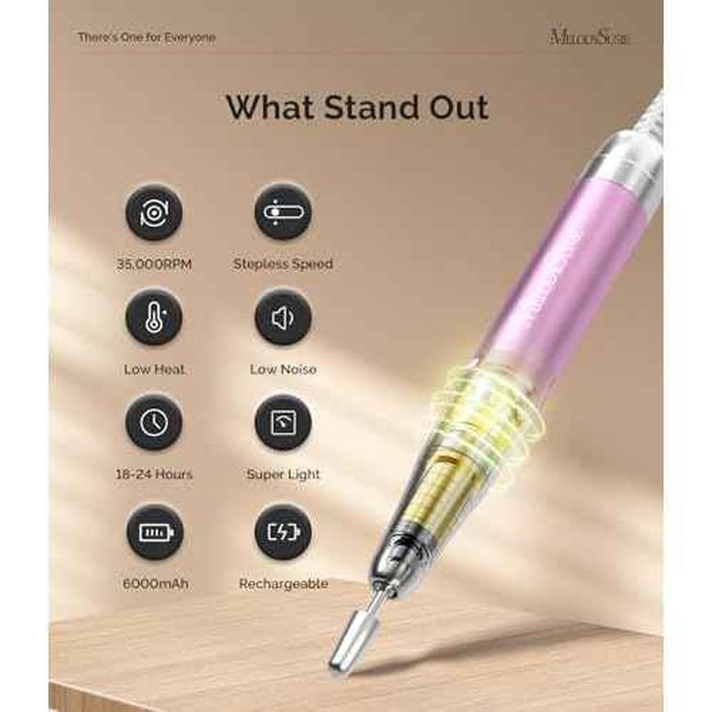 MelodySusie Professional Clip-On High-Efficiency Cordless Nail Drill,MM400D 35000RPM Rechargeable E-File with Gem-Cut Design and Lightweight Handpiece for All Manicure Shaping, Gel Removal & Salon Use
