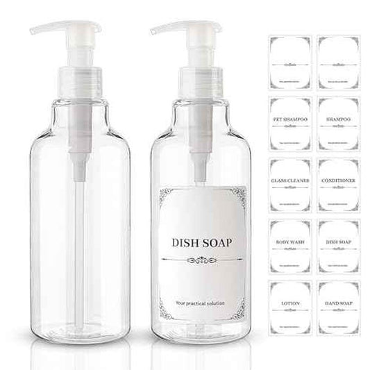 Plastic Soap Dispenser Empty Pump Bottles 16.9oz 2 Pack Refillable Liquid Hand Soap Bottle with Leak-Proof Pump for Kitchen, Bathroom, Office Clear