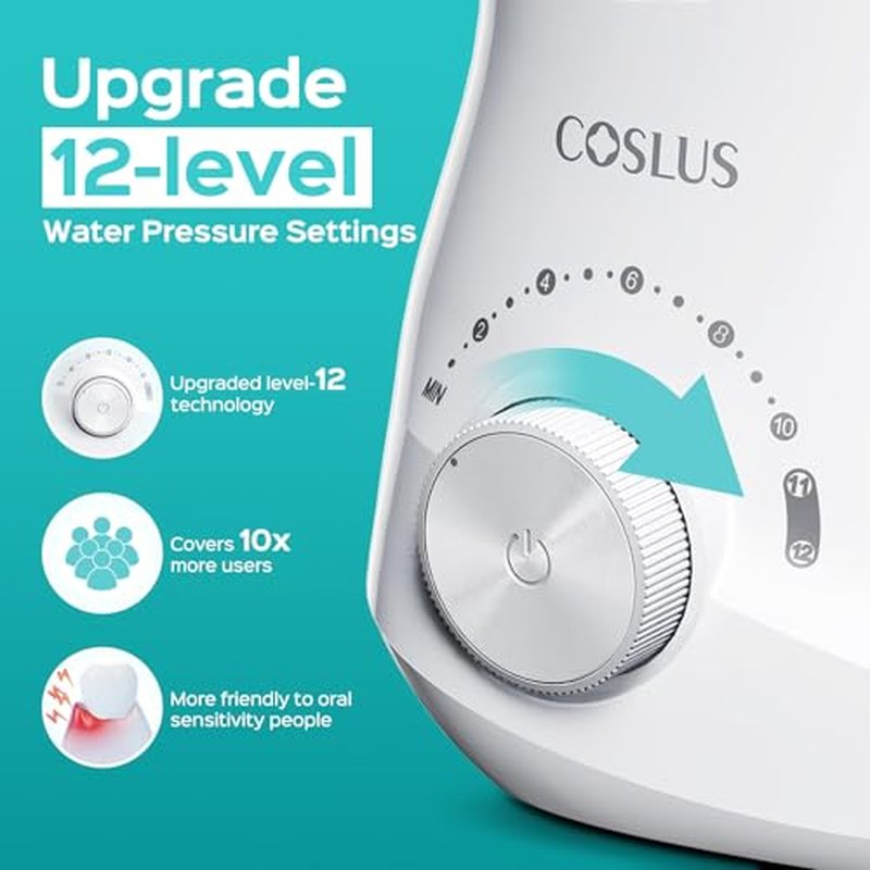 COSLUS Professional Water Flosser for Teeth: 12 Pressure Settings Electric Dental Pick for Tooth Cleaning, Sensitive Gums, Braces, Oral Care - Home Use, ??4 Jet Tips for Multiple Users, Family, White