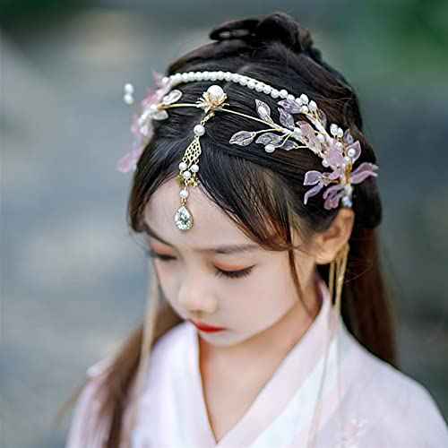 Long Tassel Headbands Hairband Simulated Pearl Leaf Tiaras and Crowns Hanfu Forehead Jewelry for Women Girls Hair Accessories (Metal Color : Style 1)