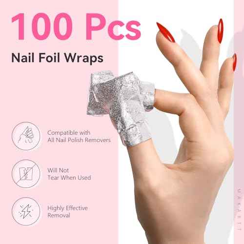 Makartt Nail Polish Remover - 100pcs Nail Foil Wraps for Soak Off Gel Polish Remover, with 1.18inch Pre-attached Lint Free Cotton Pads For Nails, Non Acetone Nail Polish Remover