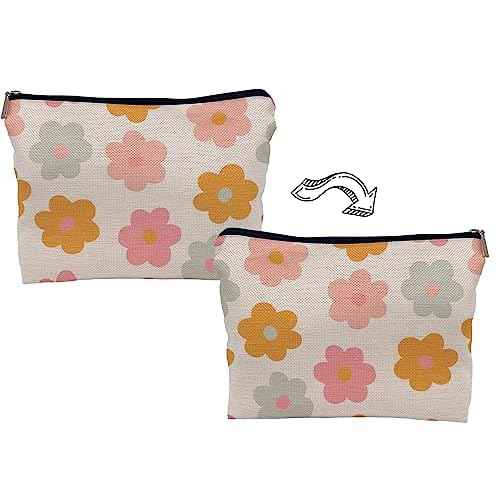 Retro Groovy 60s 70s Daisy Flowers Makeup Bag Cosmetic Bag Zipper Pouch Toiletry Bags,Groovy Gifts for Women Teen Girls Her