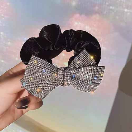 2 Pack Large Rhinestone Bow Scrunchies for Women Girls Shiny Crystal Hairband Ponytail Holders Elastic Hair Ties Hair Accessories (Black)