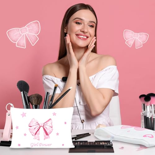PUNICA 8 Pcs Pink Coquette Bow Makeup Bag Preppy Cosmetic Bags Canvas Zipper Pouch with Handle, Travel Bag Gift for Nurse Women Girls Coquette Party Favors Storage Accessories