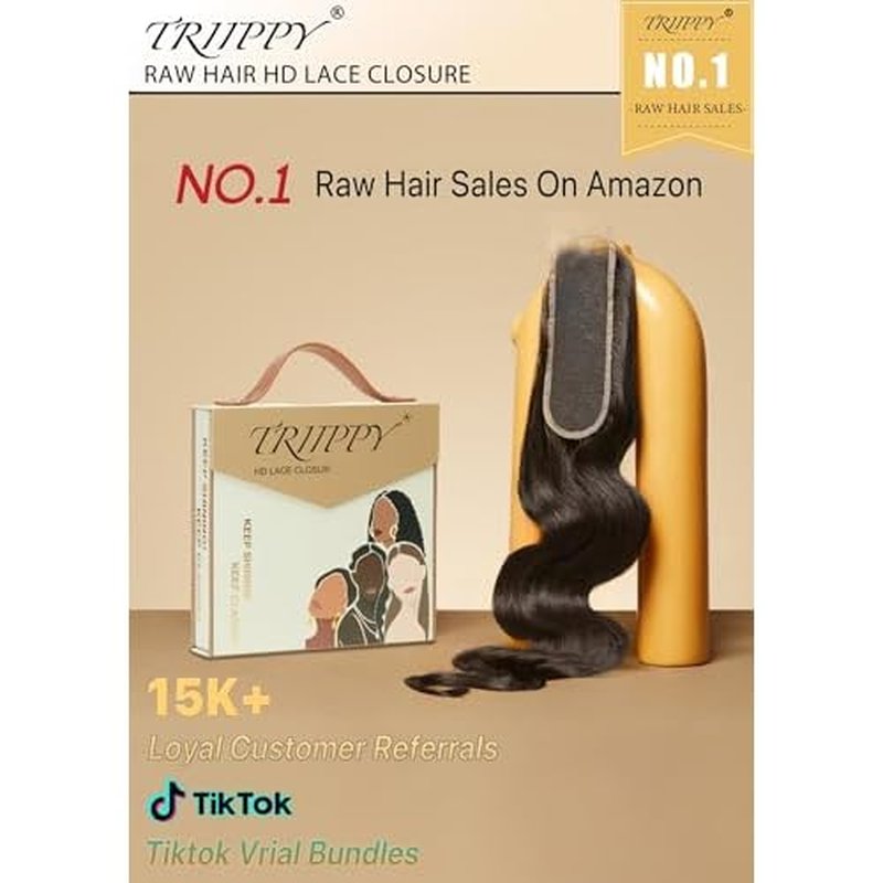 Triippy Raw Hair 2x6 HD Lace Closure Body Wave More Less Shedding than Regular Virgin Hair, 0.10mm Ultra-Thin 2x6 Swiss Real HD Lace with 100% Raw Cambodian Human Hair£¨16 Inch£©