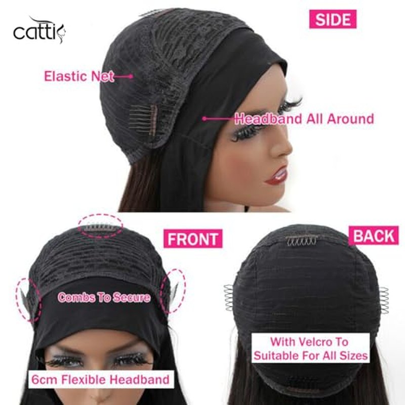 catti Headband Wig Human Hair Body Wave Headband Wigs Glueless None Lace Front Wigs Human Hair Brazilian Virgin Hair Machine Made Half Wigs for Black Women 150% Density (16" Headband wigs)