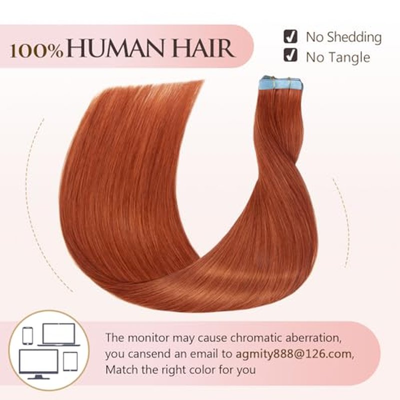 Tape in Extensions Human Hair #350 Copper 22 inches 20pcs 50g/pack Straight Seamless Weft Skin Invisible Thick Tape in Hair Extensions Real Human Hair(22 inches #350 Copper)