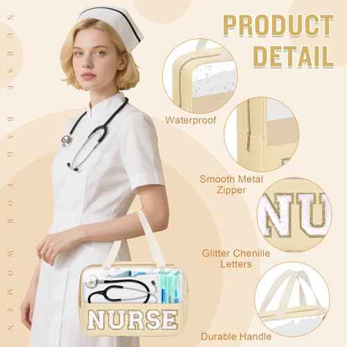 Nurses Week Gifts Chenille Letter Clear NURSE Makeup Bag for Women,Preppy Nurse Cosmetic Pouch Zipper with Handle Nurse Essentials Bag for Work Supplies,Labor and Delivery Nurse Gifts(NURSE-Beige)