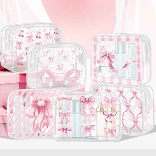 6Pcs Pink Bow Clear Makeup Bag PVC Coquette Cosmetic Bags Transparent Plastic Pouch with Zipper Waterproof Travel Toiletry Bags Pink Trendy Pouch Bag Gift for Birthday Party Favor Mother Nurse Girls