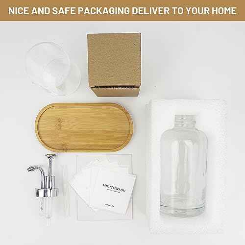 17OZ Mouthwash Clear Glass Pump Dispenser with Disposable Mouthwash Cups Holder Refillable Clear Container with Bamboo Tray, Mouthwash Labels