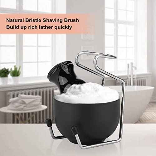 CCbeauty Mens Shaving Brush and Bowl Set, 4-in-1 Bristle Shave Brushes Kit with Stainless Steel Shaving Bowl & Soap Mug, Safety Razor Stand, Birthday Dad Gifts Set for Men, Black Soap 3.5Oz