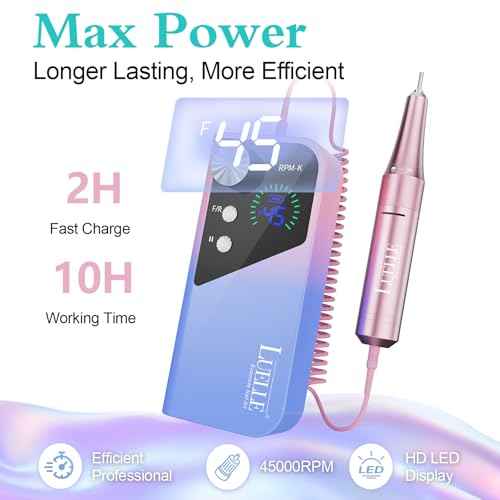 Electric Nail Drill File Professional 45000 RPM, LUELLE Electric Nail File Machine Kit for Acrylic Gel Nails Polishing Removing, Portable Rechargeable Cordless E File with Gold Bits Kit for Salon Home