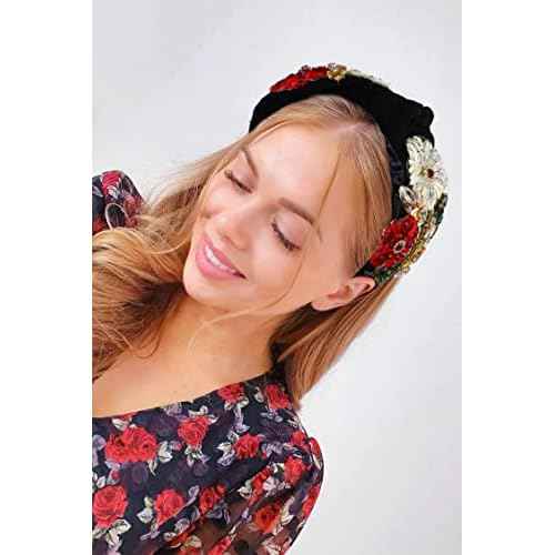 ZITULRY Rhinestone Headband For Women Statement Crystal Knotted Turban Hairband Handmade Beaded Embroidered Flower Hair Hoop Elastic Fancy Wide Hair Accessories for Girls Jewelry Gift, Black