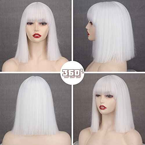 MERISIHAIR Short Bob White Wig with Bangs Silver White Short Wigs for Women Straight Bob White Cospaly Hair Wig for Daily Party Halloween