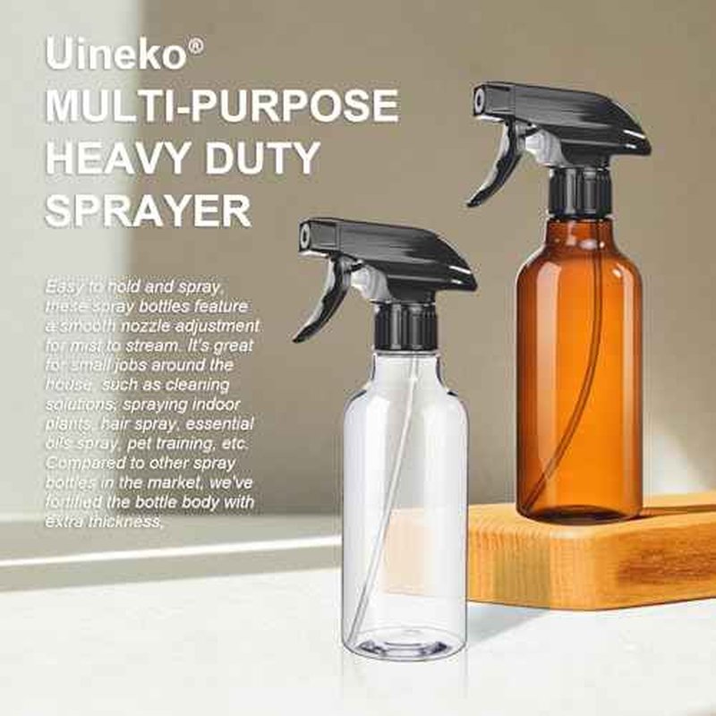 Spray Bottles 2-Pack, 10 Oz, Mist & Stream, Heavy Duty Spraying Empty Water Sprayer Bottle, BPA Free Plastic Refillable Containers for Cleaning Solutions, Plants, Hair, Essential Oils (Clear)