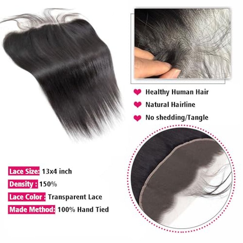 CHEEON 13x4 Transparent HD Lace Frontal 20 Inch Brazilian Straight Lace Frontal Closure Human Hair 100% Unprocessed Virgin Human Hair Frontals Pre Plucked with Baby Hair 150% Density Natural Black