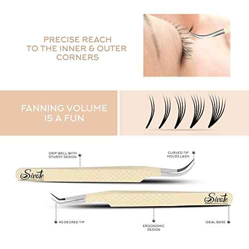SIVOTE Fiber Tips Lash Tweezers for Eyelash Extensions, Set of 4, Curved, Dolphin, 90 Degree & 45 Degree Tweezer, Vanilla